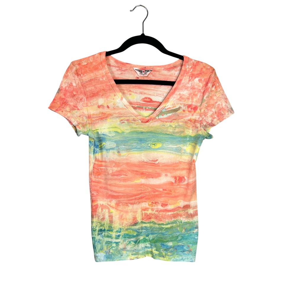 Hard Tail V-Neck Top T-Shirt Size L Multicolor Marble Tie Dye Boho Hippie NEW